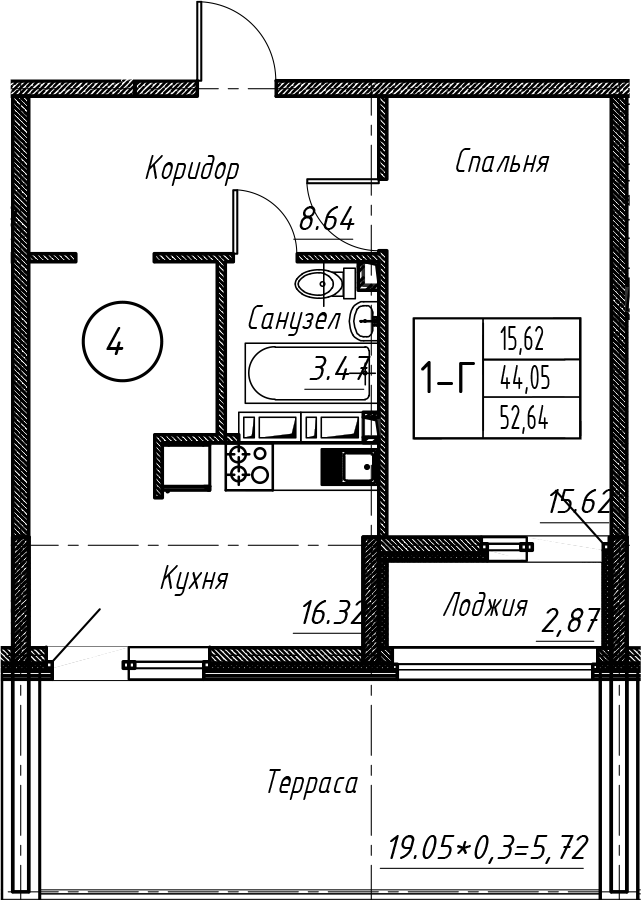 Планировка — Событие, 2-комн., 45 м²