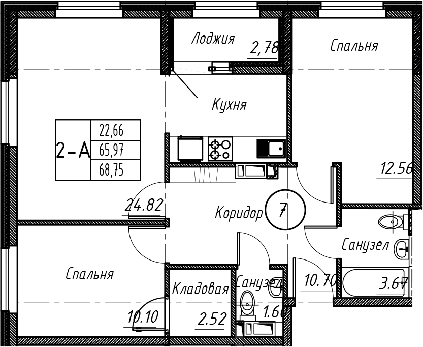Планировка — Событие, 3-комн., 66 м²