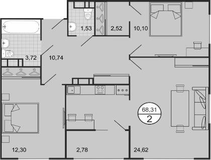 Планировка — Событие, 3-комн., 66 м²