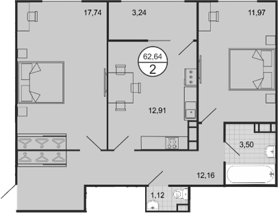 Планировка — Событие, 2-комн., 59 м²
