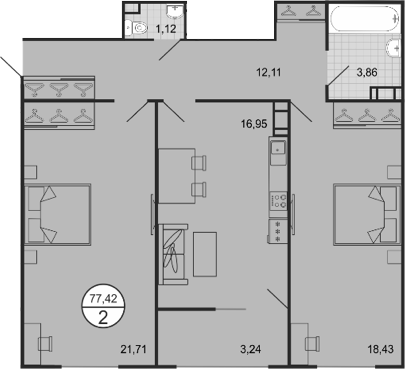 Планировка — Событие, 3-комн., 74 м²