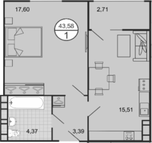 Планировка — Событие, 2-комн., 41 м²