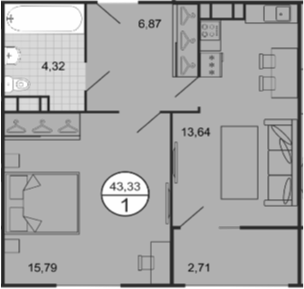 Планировка — Событие, 1-комн., 41 м²