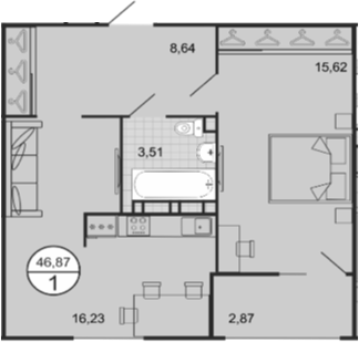 Планировка — Событие, 2-комн., 44 м²