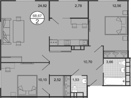 Планировка — Событие, 3-комн., 66 м²