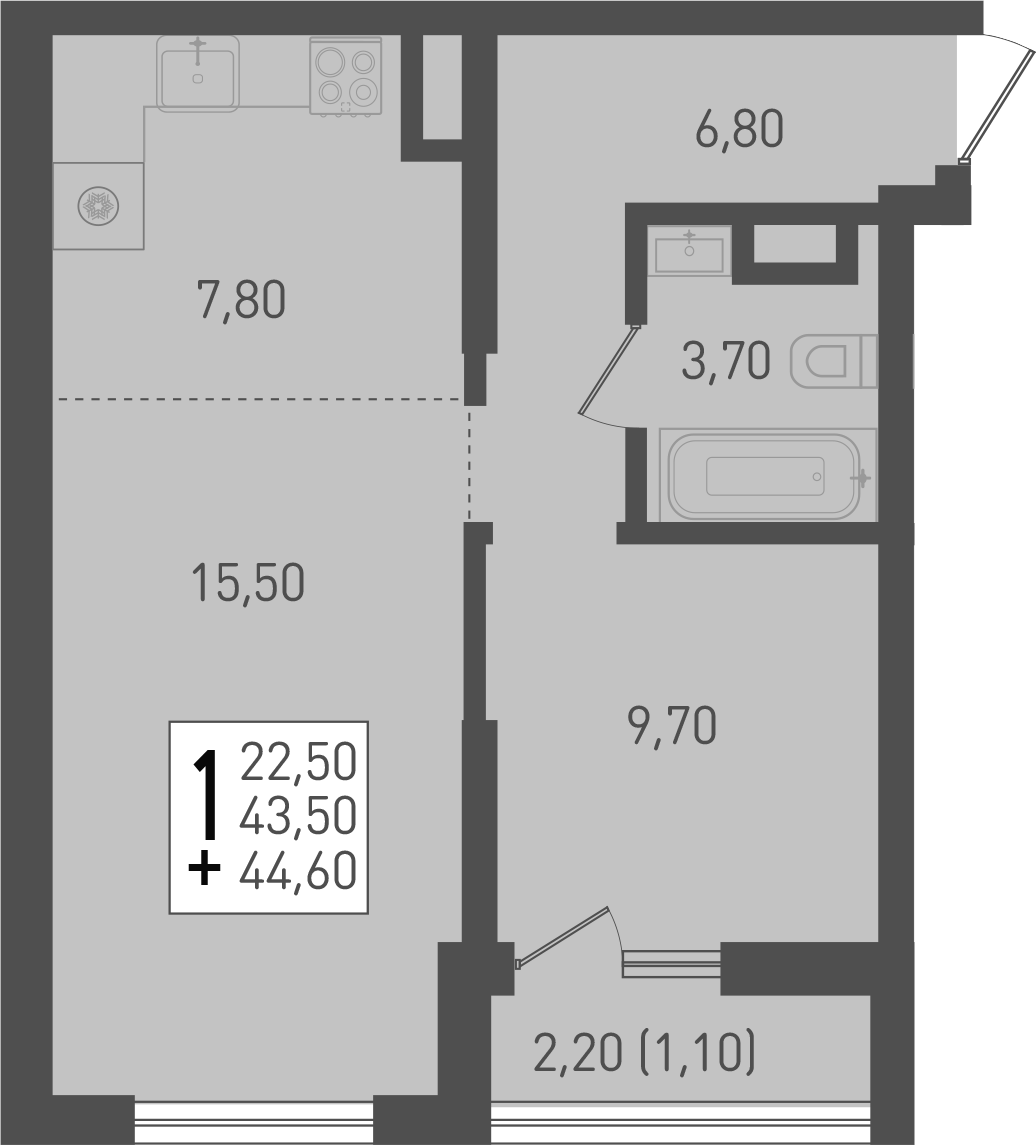 Планировка — Югге, 2-комн., 44 м²