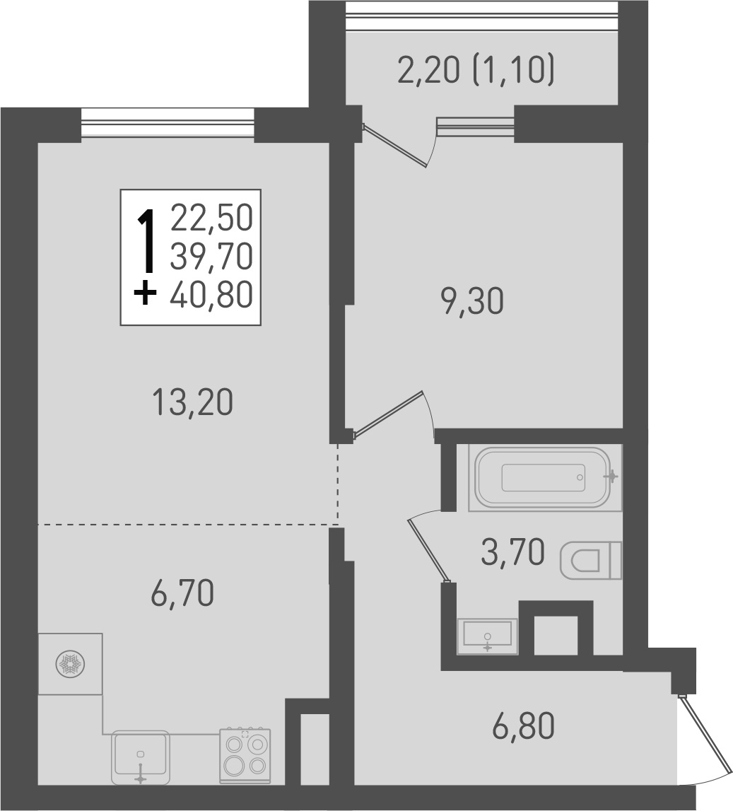 Планировка — Югге, 2-комн., 40 м²