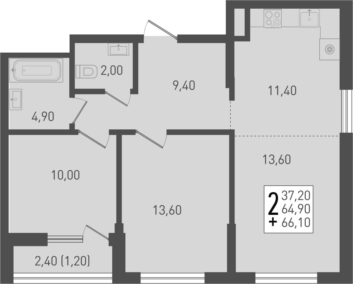 Планировка — Югге, 3-комн., 65 м²