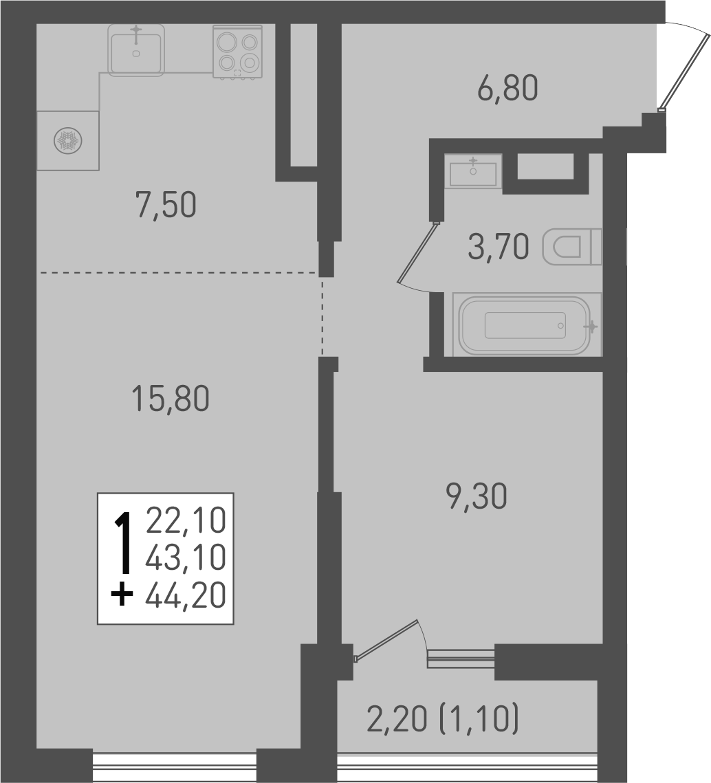 Планировка — Югге, 2-комн., 43 м²