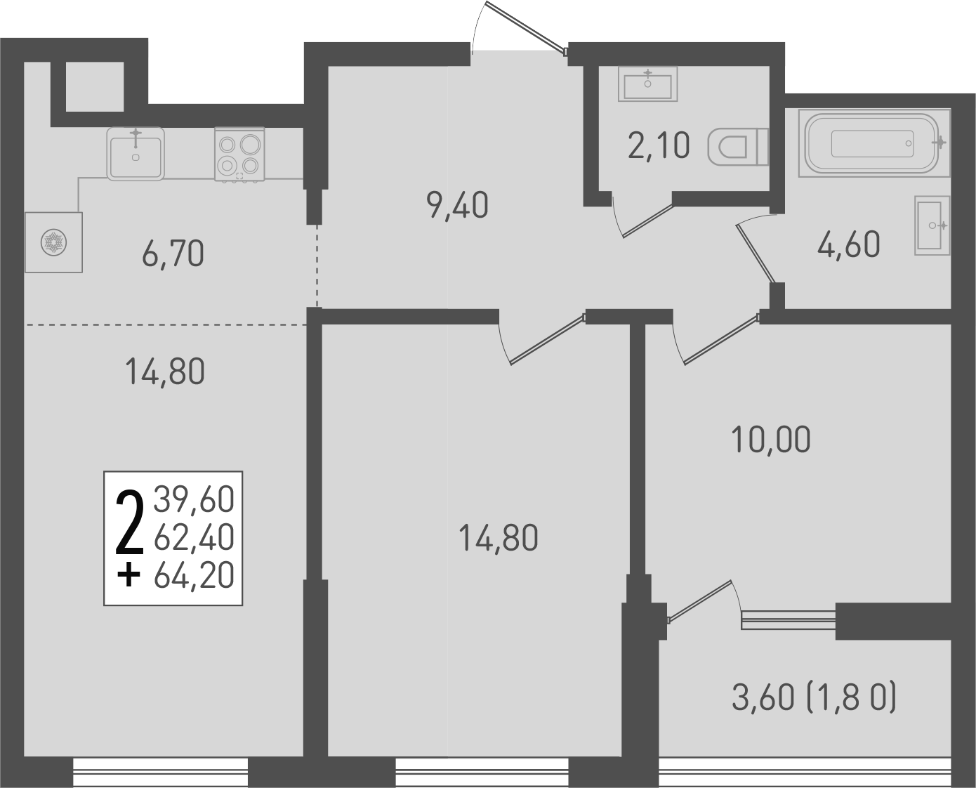Планировка — Югге, 3-комн., 62 м²