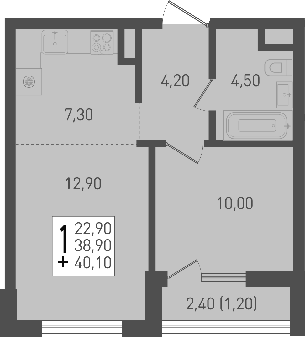 Планировка — Югге, 2-комн., 41 м²