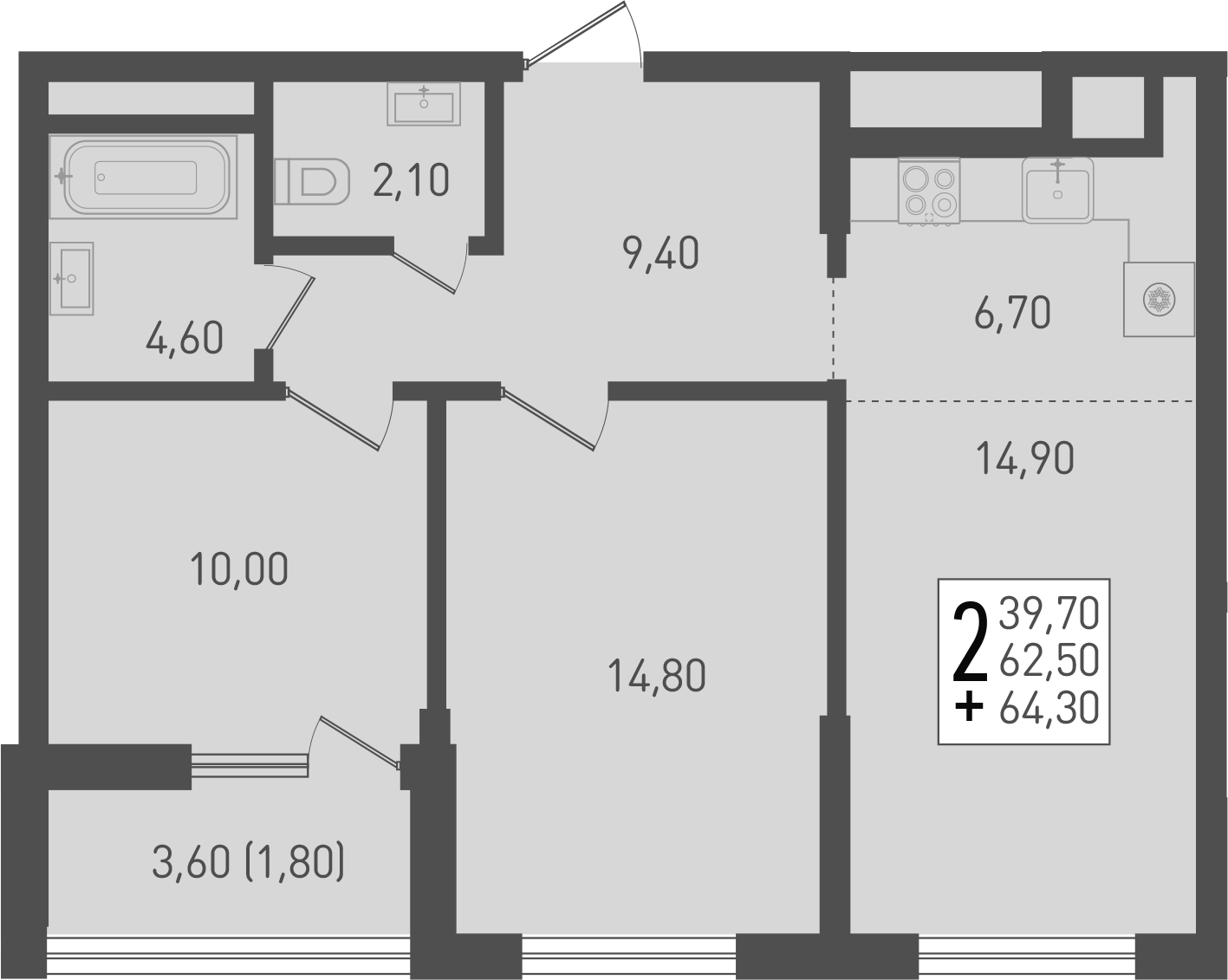 Планировка — Югге, 3-комн., 63 м²