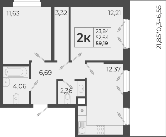 Планировка — Высочество, 2-комн., 53 м²
