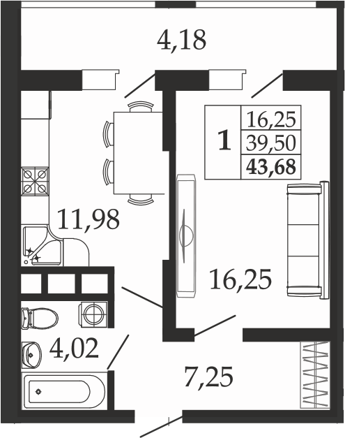 Планировка — Родные Просторы, 1-комн., 40 м²