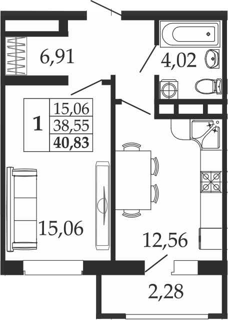 Планировка — Родные Просторы, 1-комн., 39 м²