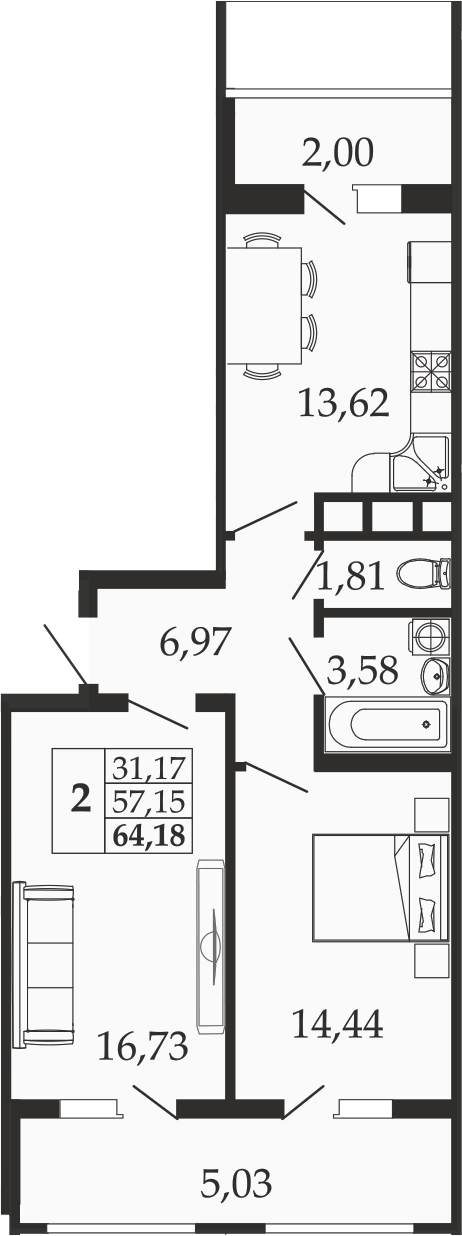 Планировка — Родные Просторы, 2-комн., 57 м²