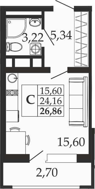 Планировка — Родные Просторы, Студия, 24 м²