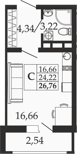 Планировка — Родные Просторы, Студия, 24 м²