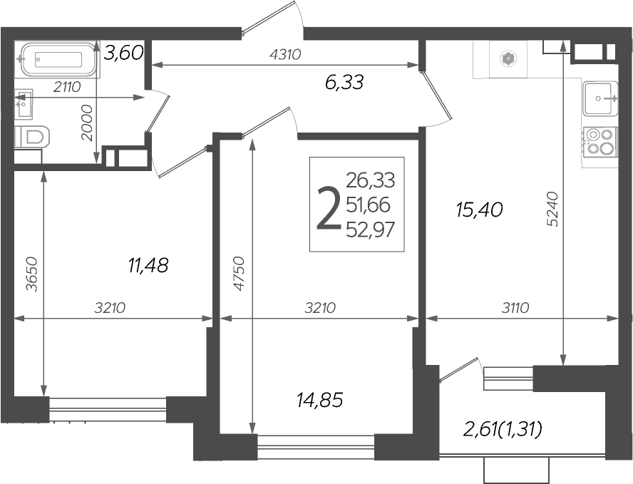 Планировка — Смородина, 3-комн., 53 м²