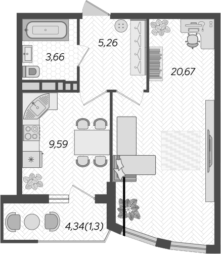 Планировка — Режиссер, 1-комн., 39 м²