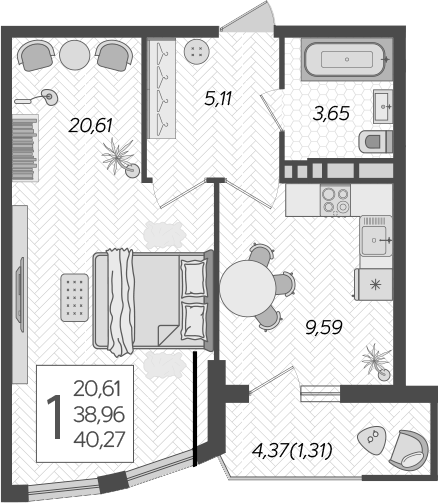 Планировка — Режиссер, 1-комн., 39 м²