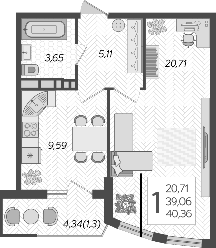 Планировка — Режиссер, 1-комн., 39 м²