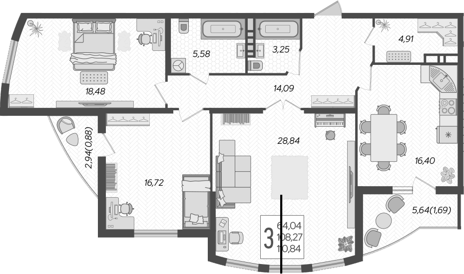 Планировка — Режиссер, 3-комн., 108 м²