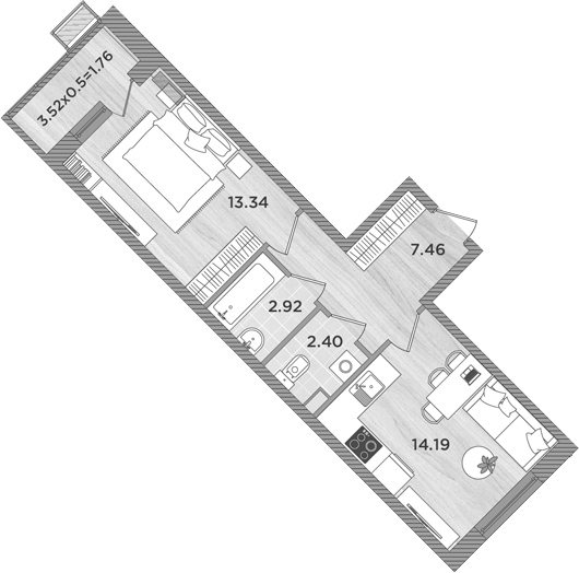 Планировка — Сады у моря, 1-комн., 40 м²