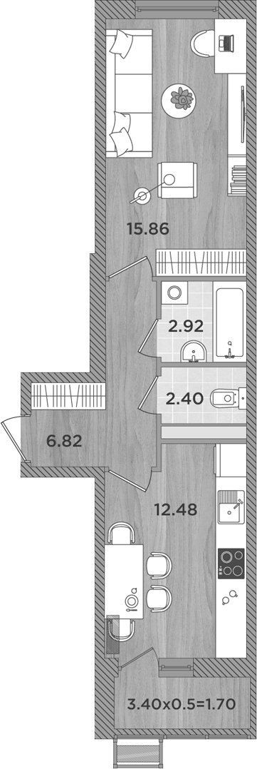 Планировка — Сады у моря, 1-комн., 40 м²