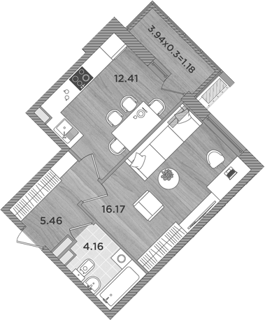 Планировка — Сады у моря, 1-комн., 38 м²