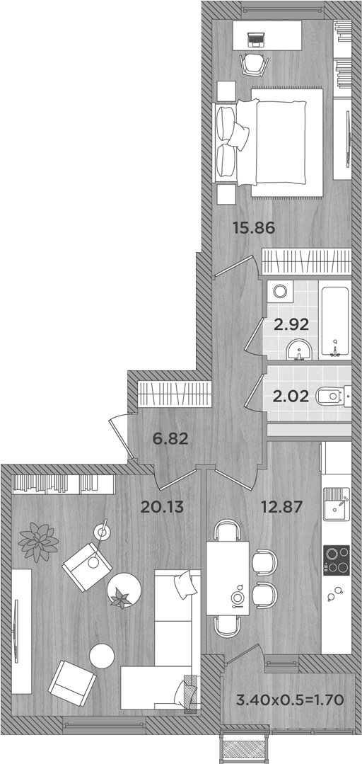 Планировка — Сады у моря, 2-комн., 61 м²