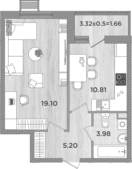 Планировка — Сады у моря, 1-комн., 39 м²