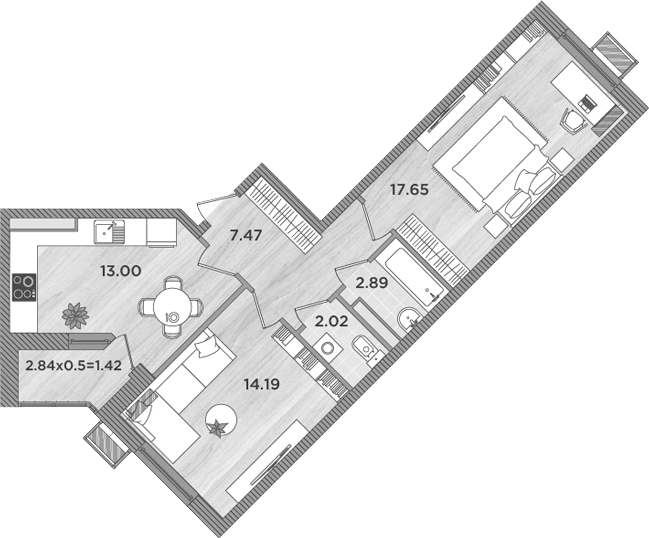 Планировка — Сады у моря, 2-комн., 57 м²
