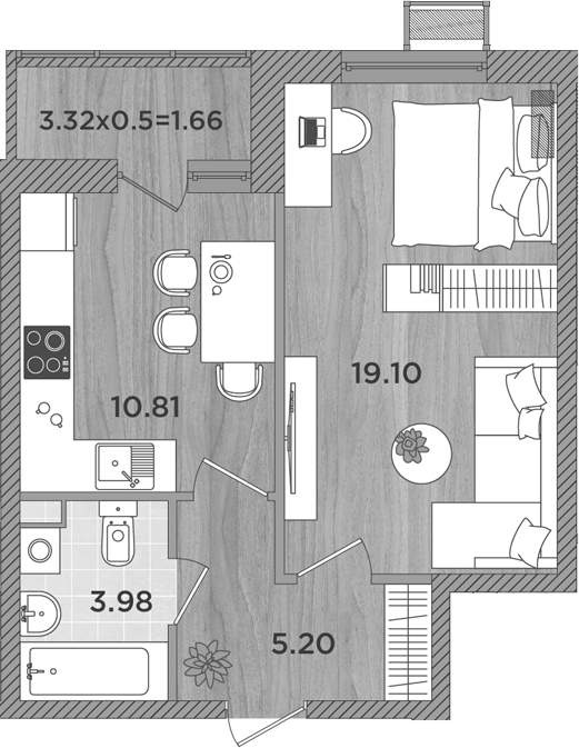 Планировка — Сады у моря, 1-комн., 39 м²