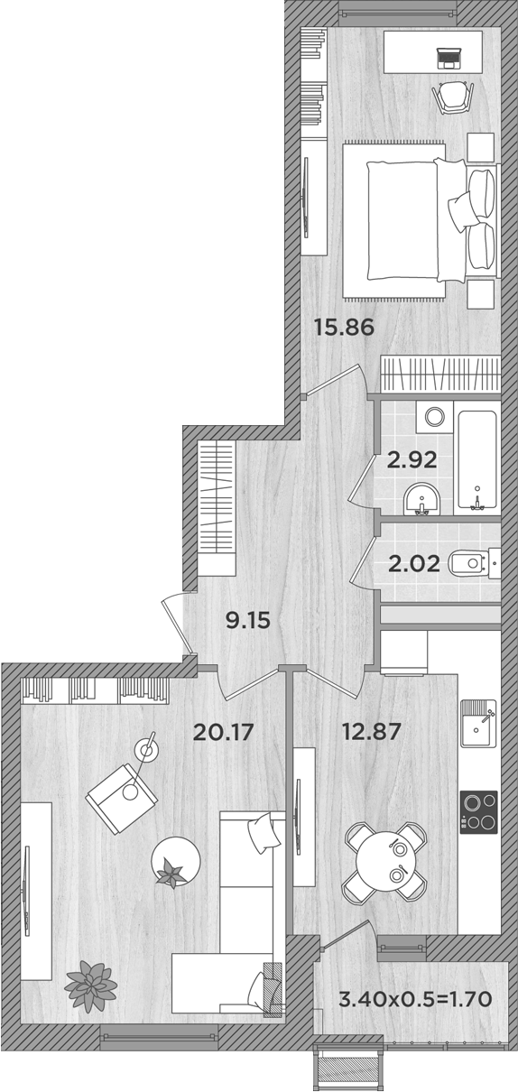 Планировка — Сады у моря, 2-комн., 63 м²