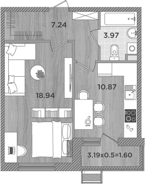 Планировка — Сады у моря, 1-комн., 41 м²