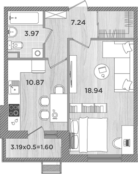 Планировка — Сады у моря, 1-комн., 41 м²