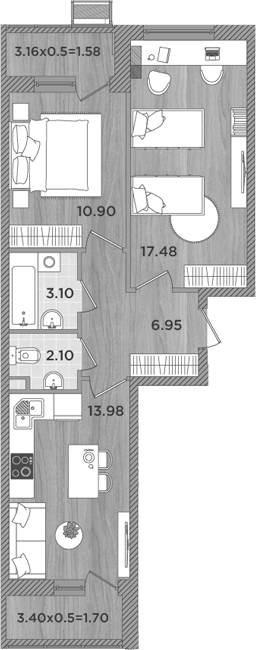 Планировка — Сады у моря, 2-комн., 55 м²
