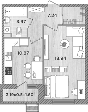 Планировка — Сады у моря, 1-комн., 41 м²
