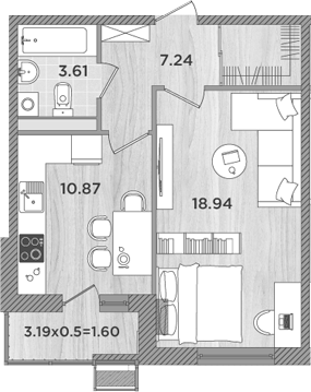Планировка — Сады у моря, 1-комн., 41 м²