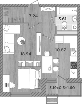Планировка — Сады у моря, 1-комн., 41 м²