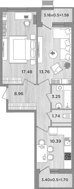Планировка — Сады у моря, 2-комн., 56 м²