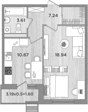 Планировка — Сады у моря, 1-комн., 41 м²