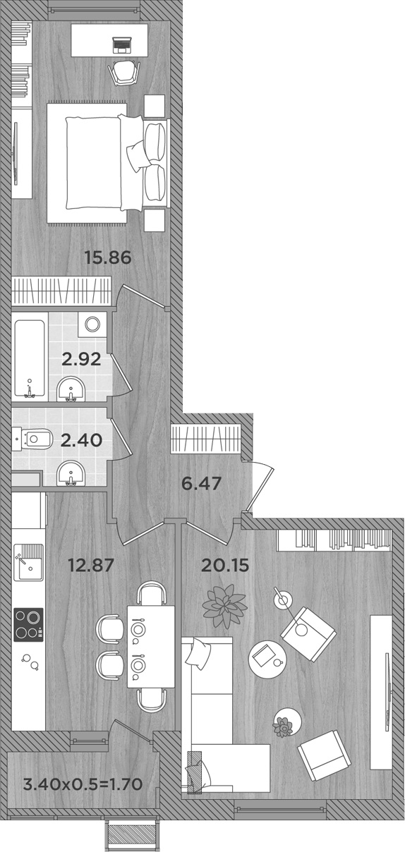 Планировка — Сады у моря, 2-комн., 61 м²