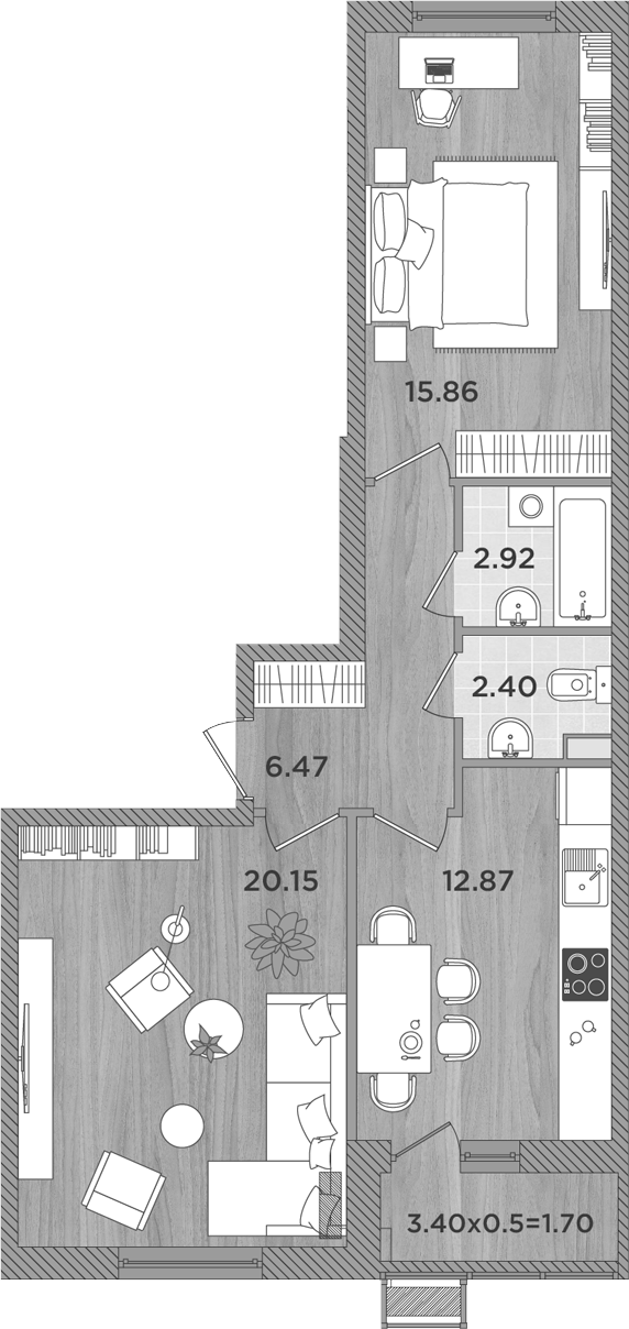 Планировка — Сады у моря, 2-комн., 61 м²