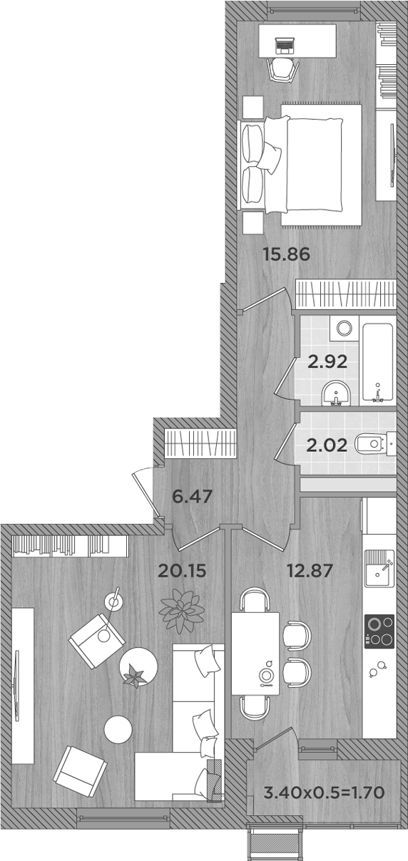 Планировка — Сады у моря, 2-комн., 60 м²
