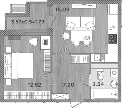 Планировка — Сады у моря, 2-комн., 39 м²