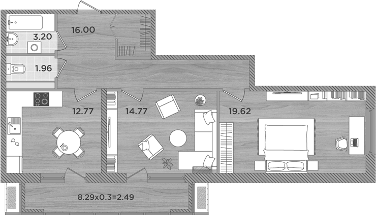 Планировка — Сады у моря, 2-комн., 68 м²