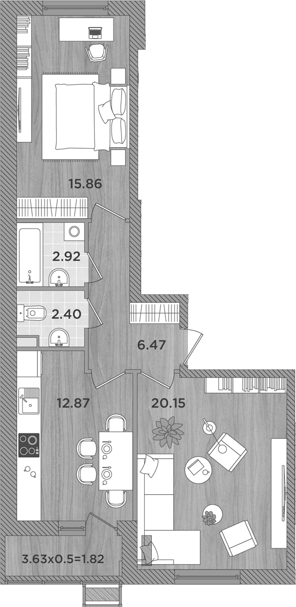 Планировка — Сады у моря, 2-комн., 61 м²