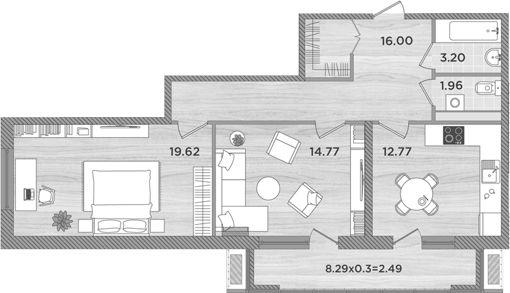 Планировка — Сады у моря, 2-комн., 68 м²